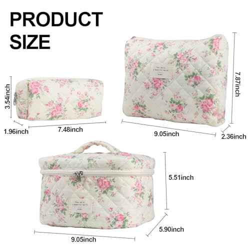 Cute Makeup Bag for Women(3 Pcs), Quilted Floral Coquette Aesthetic Make up Bags, Travel Cosmetic Bags Toiletry Organizer Bag(Pink Flower)