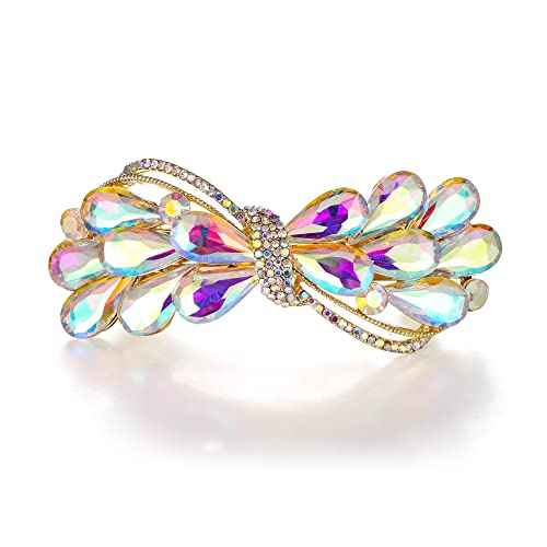 EVER FAITH Wedding Austrian Crystal Barrette Clip, Rhinestone Waterdrop Bowknot Hair Accessories for Women Iridescent AB Gold-Tone