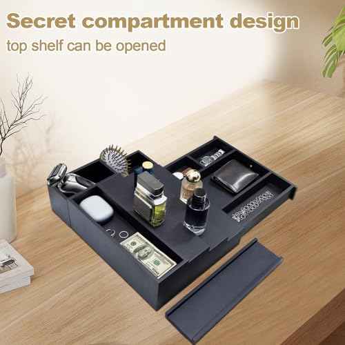 4 Tier Wood Cologne Organizer Stand for Men Wooden Black Perfume Shelf Fragrance Display Risers with Drawer Hidden Compartment Cologne Holder Wood Dresser