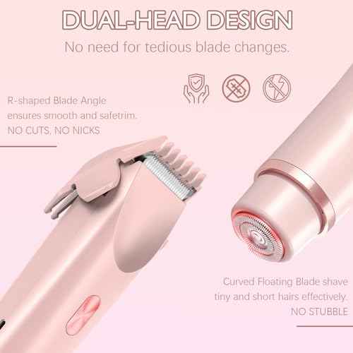 Bikini Trimmer for Women, 2 in 1 Dual-Head Electric Razors for Women Pubic Hair, Waterproof Wet/Dry Use Body Hair Trimmer Face Shaver, Rechargeable Hair Removal for Bikini Legs Face Underarm Arm