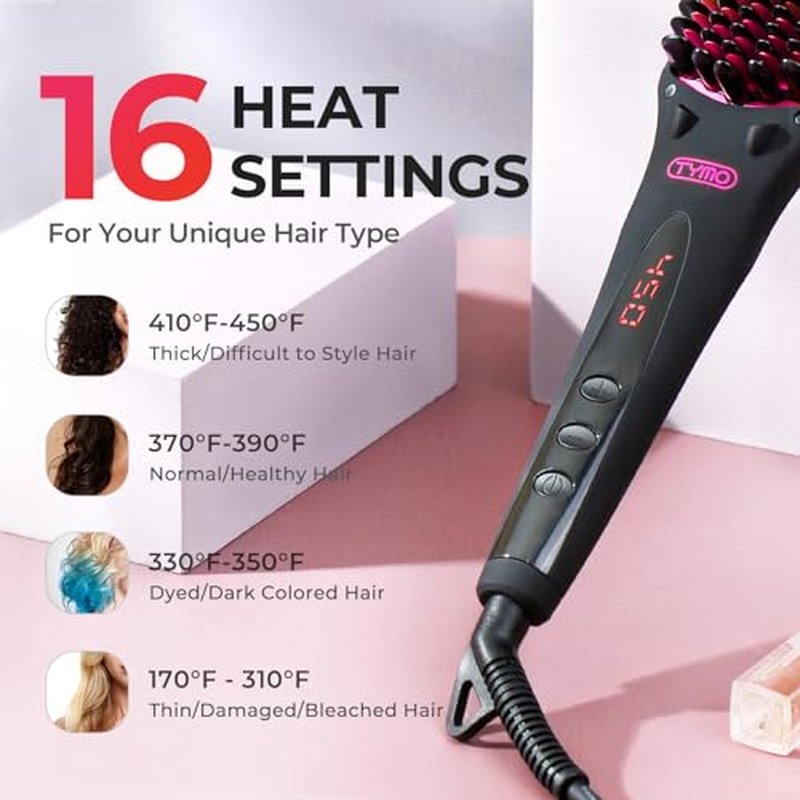 TYMO Ionic Hair Straightener Brush - One-Step Hair Straightener for Women, Straightening Brush with Negative Ions, 16 Temp Settings, LCD Display, Dual Voltage, Hot Comb Flat Iron for Frizz-Free Styles