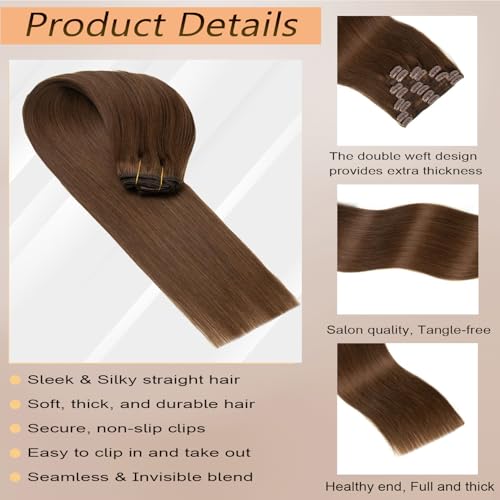 Clip in Hair Extensions Real Human Hair Straight 16 Inch Chocolate Brown 7pcs 120g Clip ins Hair Extensions Brazilian Remy Human Hair 16 Clips Double Weft Human Hair For Women
