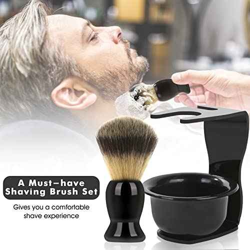 Mens Shaving Brush and Bowl Set, 3 in 1 Shaving Brush Set for Men with Shave Brush Bowl ABS Stand with Razor Slot, Perfect Father's Day Men Gift Set for Wet Shaving Experience - Black