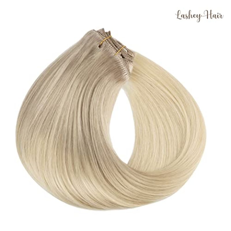 Clip in Hair Extensions Real Human Hair, 20 inch Ash Blonde to Golden Blonde and Platinum Blonde Lashey 120g 7pcs