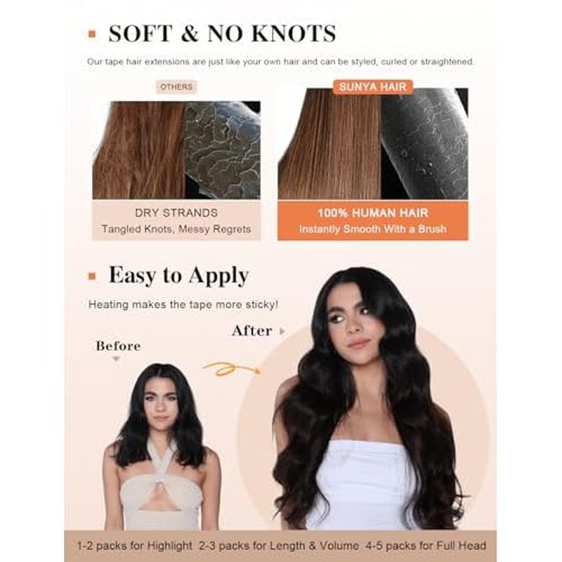 Sunya Tape in Hair Extensions Human Hair Jet Black 26 Inch Straight Black Tape in Hair Extensions #1 60g 20Pcs/Pack