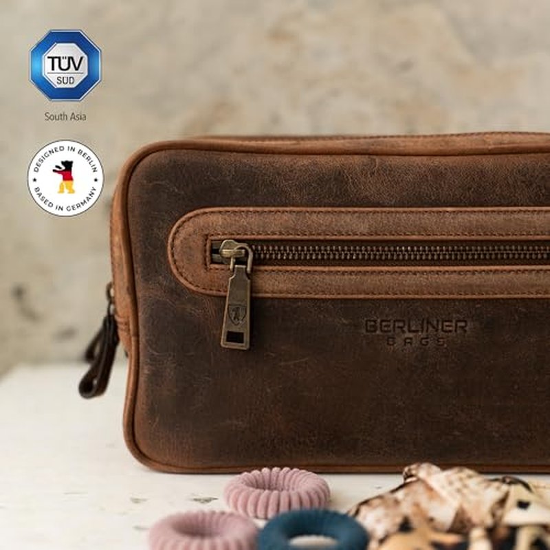 BERLINER BAGS Vintage Genuine Leather Toiletry Bag Max 2, Two Zippered Compartments, Large Capacity Cosmetics Bag for Men and Women for Travel - Brown