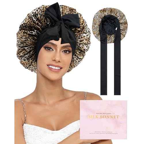 100% Mulberry Silk Bonnet for Sleeping Women Double Layer Silk Hair Bonnet Natural Sleep Cap with Elastic£¨Black + Leopard£©