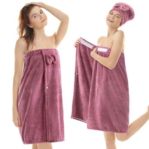 Xtinmee 2 Sets Womens Wrap Towel with Hair Towel Bath Towel Wrap Shower Dress Towel Spa Wraps for Women's Bathrobe (Purple, Normal Size)