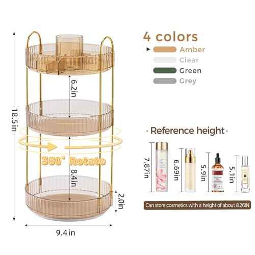 360¡Æ Rotating Makeup Organizer, Upgraded 3 Tier Skincare Perfume Organizers for Women, Bathroom Organizer Countertop, Clear Cosmetic Dresser Organizer with Makeup Brush Holder, Sink&Counter(Amber)