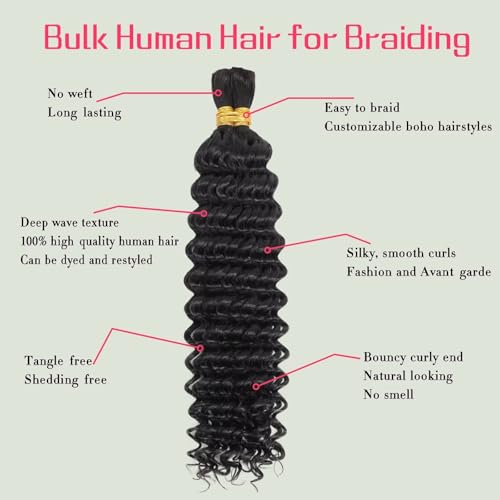 Deep Wave Bulk Human Hair for Braiding Boho Braids Human Hair for Bohemian Knotless Braids Braiding Hair Micro Braiding Hair No Weft Human Hair Extensions 2Bundles(Natural Black#,18inch)