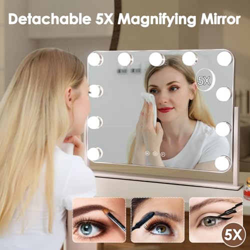 360¡Æ Vanity Mirror with Lights 11 Led Bulbs Hollywood Lighted Makeup Mirror with 5X Magnification Mirror Hollywood Cosmetic Mirror Tabletop Makeup Mirror with 3 Lighting Modes 16x13 Inch
