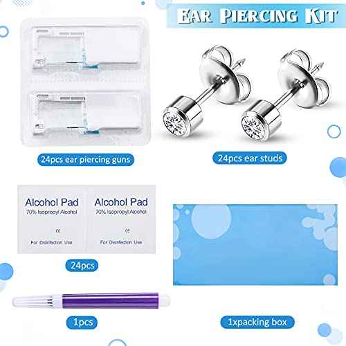 Chumia 24 Pieces Self Ear Piercing Tool Disposable Kit Household Ear Piercing Tools Safety Portable Nose Tools with 24 Pieces Crystal Earring Studs
