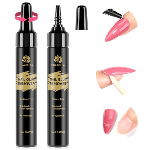 UNA GELLA Quick Removal Gel Nail Glue Remover for Press On Nails: Acrylic Nails Semi Solid Nail Glue Acetone-Free, Not for Gel Polish Base Coat Soak Off Remover Kit Drip Use, 12ml*2pcs