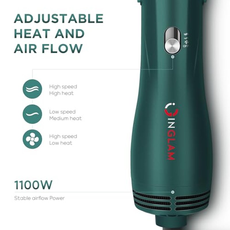 IG INGLAM Hair Dryer Brush, 4-in-1 Detachable Blow Dryer Brush, Ionic Diffuser Hair Dryer & Styler Volumizer with Oval Titanium Barrel, One-Step Hot Air Blowout Styler, Dark Green