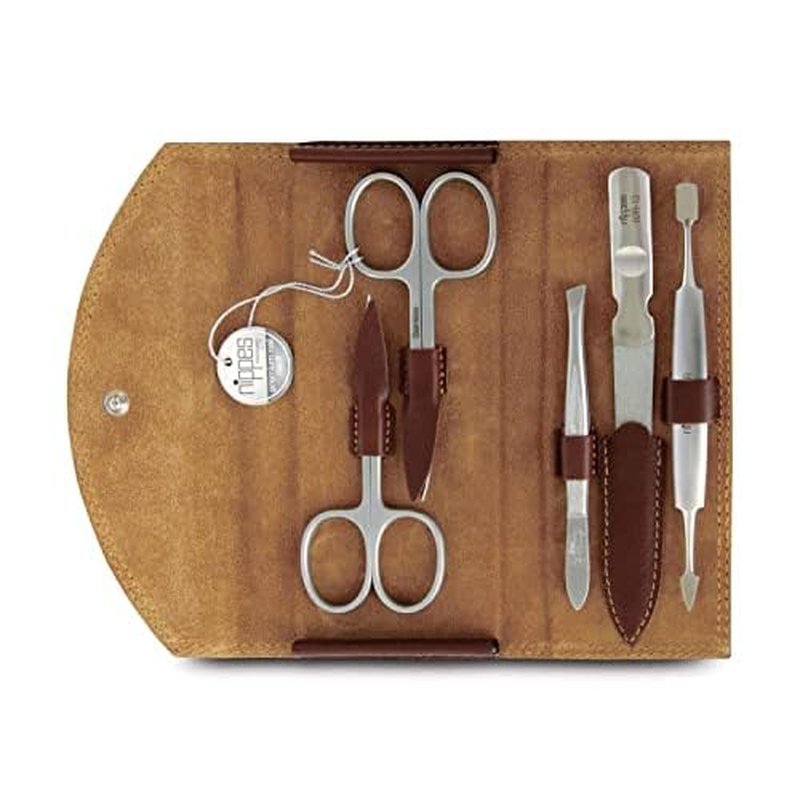 Nippes Solingen Manicure Set, 5-Piece, Stainless Steel and Nickel Free, Genuine Brown Cowhide Leather Case Made In Soligen Germany