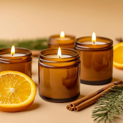 4 oz Amber Glass Jars with Lids - 32 Pack Brown Cosmetic Containers with Stickers & 4 Spoons, Wide-Round Smooth Mouth, Sealable for Creams, Essential Oils, Body Butter, Travel Samples