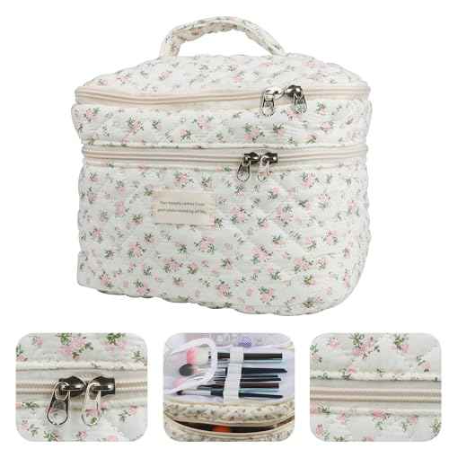 Dual Layer Cute Makeup Bag for Women(3 Pcs), Quilted Floral Coquette Aesthetic Make up Bags, Travel Cosmetic Bags Toiletry Organizer Bag(Pink Rose)