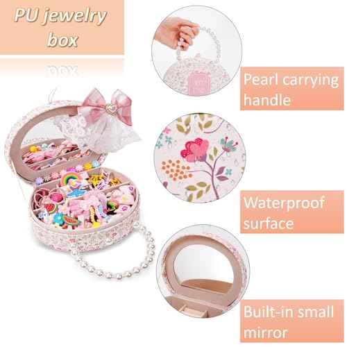 Girls Jewelry Set with Hair Accessories: Clips, Barrettes, Ties, Bows, and Round Jewelry Box - Christmas Gift for Ages 3-12