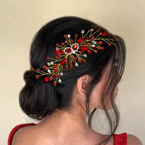 Crystal Bride Wedding Hair Comb Pearl Bridal Hair Clip Rhinestone Party Prom Hair Piece for Women and Girls (Red-847)