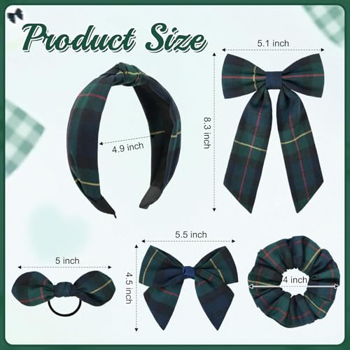 DEEKA 5 Styles Uniform Plaid Long Tail Hair Bows Knotted Headband Scrunchies Bow Set Alligator Clips Back to School Accessories for Toddler Little School Girls (Dark Green, Navy, Red&Yellow 5 Styles)
