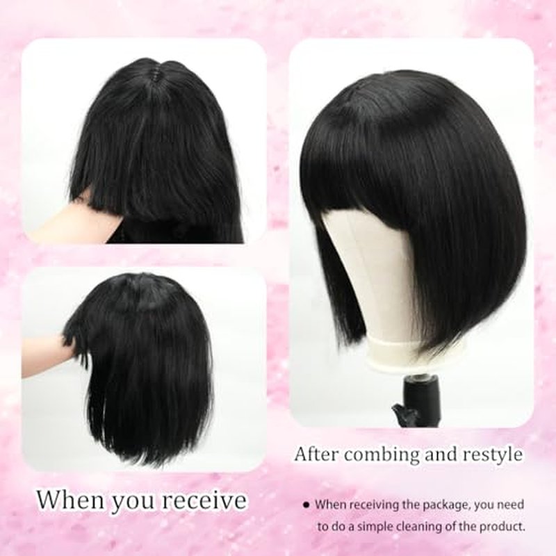 Bob Wig with Bangs Human Hair 200 Density Short Glueless Wigs Ready to Go Straight Bob Bangs Wig for Women Natural Black 14 Inches