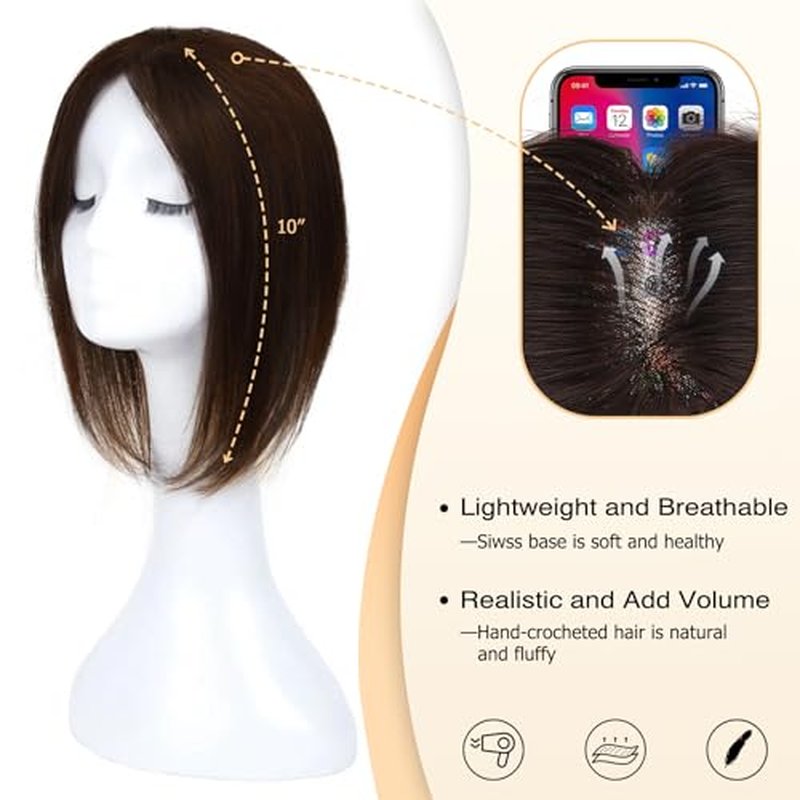 Large Coverage 5.1x5.9inch Hair Toppers for Women Real Human Hair No Bangs Swiss Base Wig Topper Womens Hair Topper for Thinning Hair 150% Density Remy Hair Wiglets #2