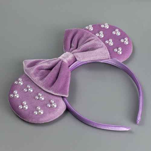 JIAHANG Velvet Mouse Ears Hair Bow Headband with Pearls, Party Decoration Fashion Hair Band Hair Accessories for Women Girls (velvet purple 05)
