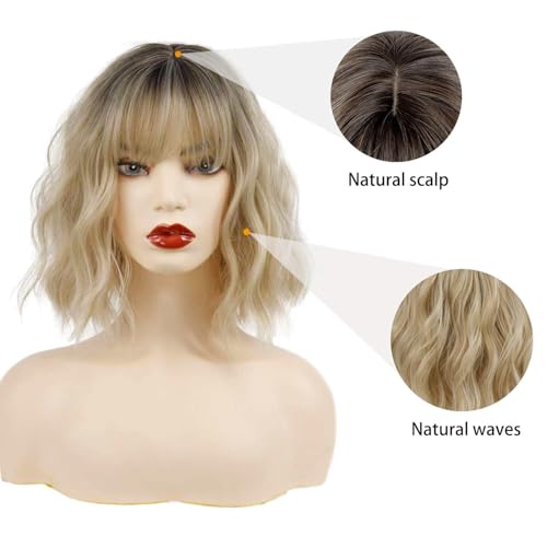 MISSQUEEN Ombre Short Blonde Wigs with Bangs Synthetic Wavy Blond Bob Wig Curly Heat Resistant Blonde Hair Wig for Women Daily Party Halloween Use