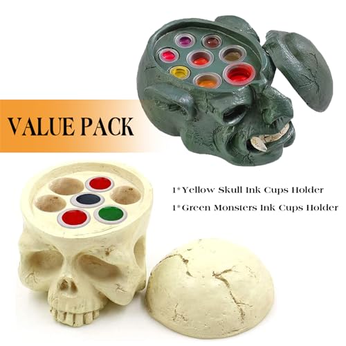 TATTOO INK CUP HOLDER - Ruicoo 2Pcs Hard Resin Skull Tattoo Ink Cup Holder 7 Holes Tattoo Pigment Ink Cup Holder Stand for Tattoo Supplies Permanent Makeup Tattoo Kit Tattoo Accessories