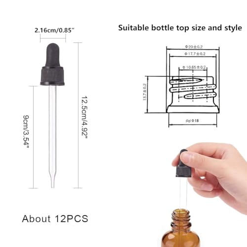 PH PandaHall 18-410 Glass Eye Droppers for Essential Oil, Set of 12 Pressure Rotating Cover Oil Droppers Pipettes Roller Tops for 100ml Dropper Bottles, Perfume, 12.5x2.16cm, Inner diameter 1.93cm