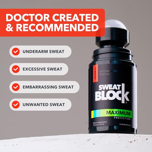 SweatBlock Maximum Strength Roll-On Antiperspirant for Men and Women 1.2 FL OZ Hyperhidrosis and Odor Control Formula Blocks Excessive Sweat for Days Per Application Dermatologist Recommended Solution
