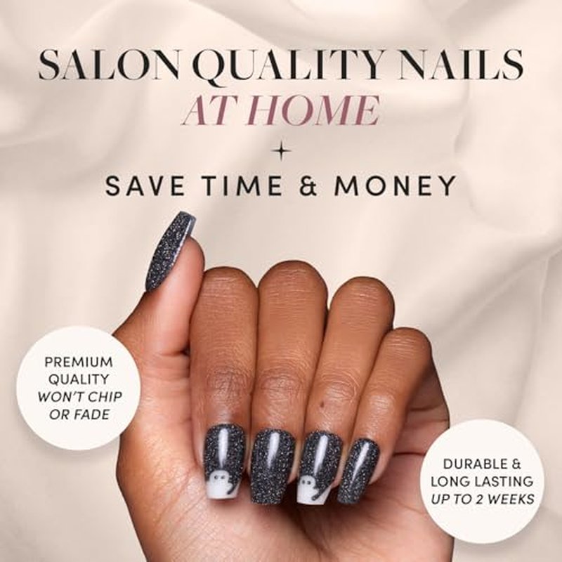 Glamnetic Press On Nails - Phantom Glow | Opaque Black Glitter & Glow-in-the-Dark Ghost Medium Coffin Fake Halloween Nails, Salon Quality | 15 Sizes - 30 Nail Kit