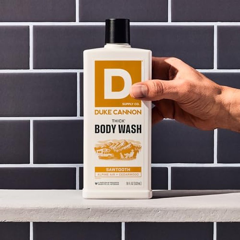 Duke Cannon THICK Body Wash for Men ? Sawtooth Alpine Air & Cedarwood Scent, 3X Thicker Formula, Mineral-Enriched Exfoliation, Sulfate & Paraben Free, 18 oz (Pack of 3)