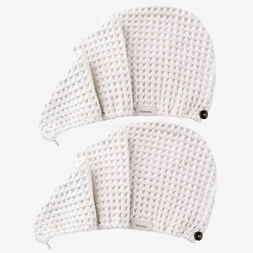 100% Organic Cotton Hair Drying Waffle Towel Wrap for Women | Absorbent & Quick Dry Head Turban for Wet Hair in Shower Sauna Spa, Extra Large for Long Straight Curly Plopping Button (White, 2 PACK)