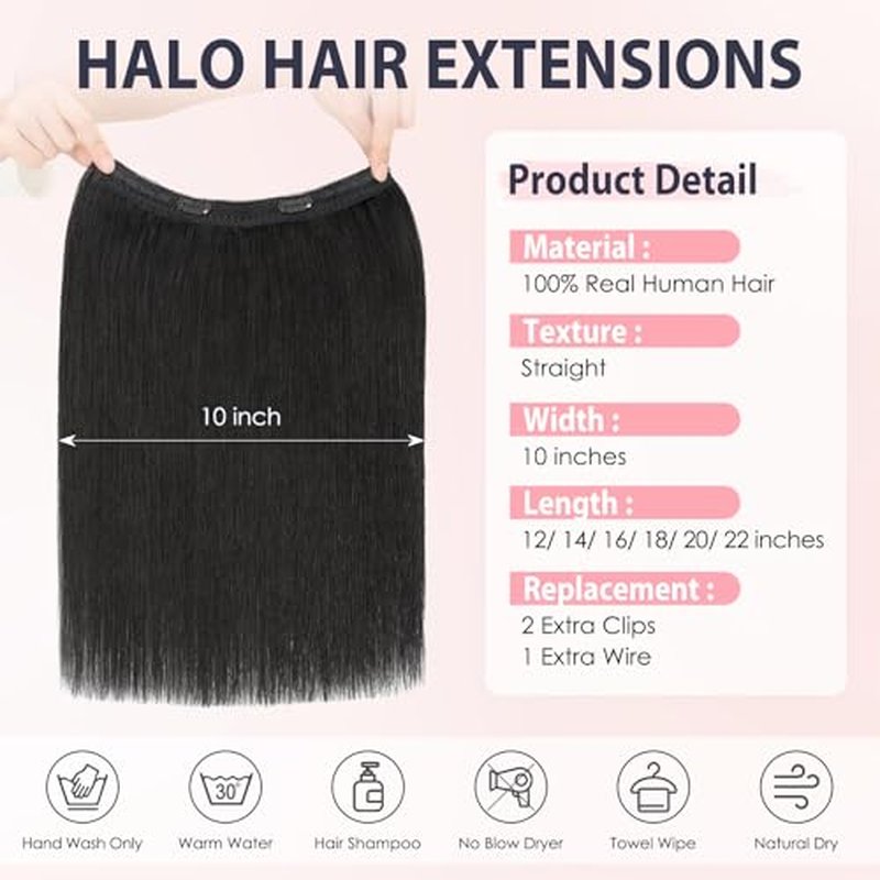 TESS Human Hair Extensions Halo Remy Hair 20 Inch Straight Adjustable Invisible Wire Easy to Use Clip in, Dark Black