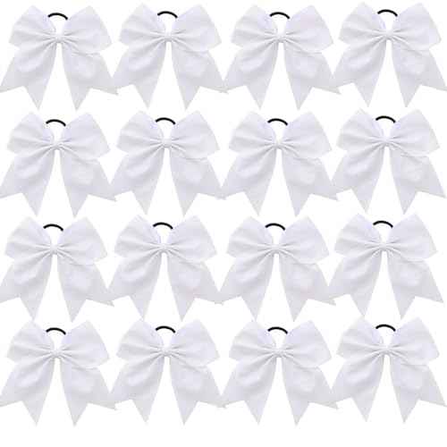 16 PCS Large Glitter White Cheer Hair Bows, Shiny Cheerleading Bows Ponytail Holder for Cheerleader Girls Softball Sports and Christmas Tree Decor (Glitter White)