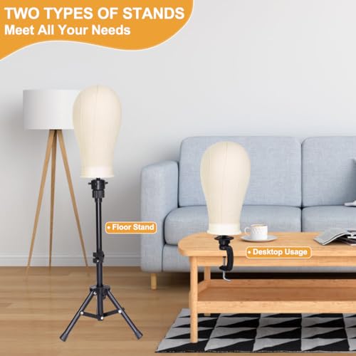 PWEOUKE 22 Inch Canvas Wig Head with Stand for Wigs ,14-22 Inch Height Adjustable Wig Stand Tripod with Canvas Block Wig Head,Manikin Head Block Set for Cosmetology with Wig Stand and Storage Bag