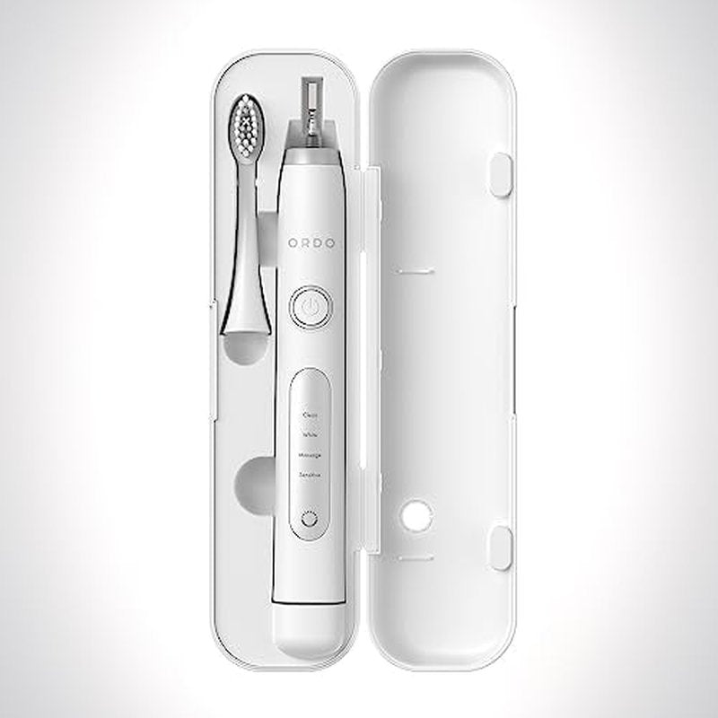 ORDO Sonic+ Electric Toothbrush with Case, Sonic Toothbrushes for Adults, Charging Travel Case, 4 Brushing Modes, Fast Rechargeable Battery, Silicone Polishing, USB Charger, White