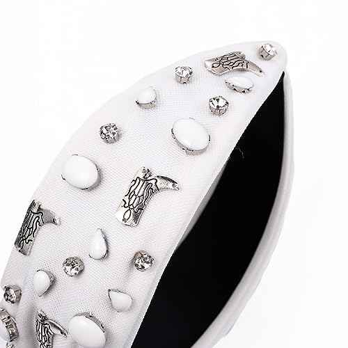 Crystal Knotted Headbands for Women Let's Go Girls Turquoise Cowgirl Boot Headband Rhinestone Embellished Top Knot Hairband Western Country Cowboy Shoe Wide Turban Hair Hoop (D White Cowgirl Boot)