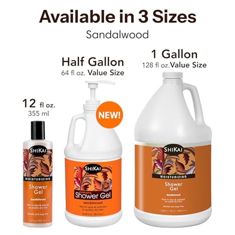 ShiKai Daily Moisturizing Shower Gel (Sandalwood, 1 Gallon) | with Hydrating Aloe Vera & Oatmeal | Scented Body Wash for Dry Skin Relief
