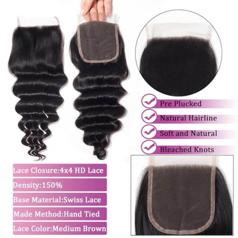 Loose Deep Wave 3 Bundles with 4x4 HD Lace Closure 16 18 20+14 Inch 100% Unprocessed Remy Brazilian Hair Wet and Wavy Bundles with Closure Human Hair Natural Black Color for Women