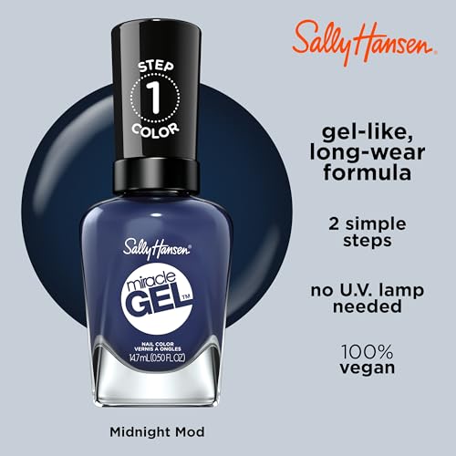 Sally Hansen Miracle Gel Salon Quality Nail Polish | Gel-Like Formula, Two-Step System, No UV Light Needed, Long Lasting | Opaque | 609 Midnight Mod | Navy Blue Nail Polish