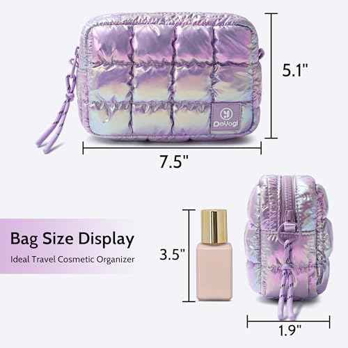 Quilted Cosmetic Bag, Puffer Makeup Bags, Crossbody Purses for women,Cute Travel Toiletry Bag for Women (Dazzling Light Purple)