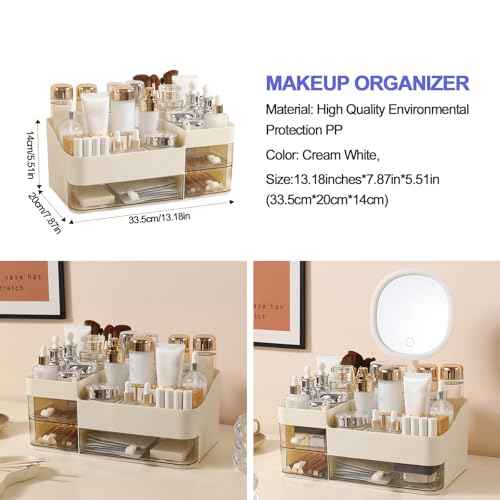 DASITON Makeup Organizer with 3 Drawers,Skincare and Cosmetics Organizer Countertop,Makeup Organizers and Storage with Brush Holder,Large Cosmetic Display Case for Vanity,Desk,Bathroom,Bedroom(Cream)