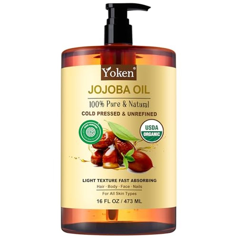 Pure Jojoba Oil Organic USDA Certified 16 fl oz, 100% Natural Jojoba Oil for Hair, Skin & Face, Cold Pressed Unrefined, Deeply Moisturizing Body Carrier Oils for Essential Oils Mixing