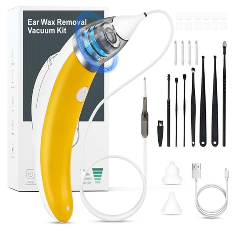 Ear Vacuum Ear Wax Removal Kit with 5 Levels Strong Suction, USB Rechargeable Reusable Electric Ear Suction Vacuum Tool for Adults and Kids (Yellow)
