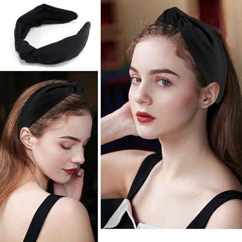 Black Knotted Headband Wide Top Knot Head Band Non Slip Plain Solid Color Hair Bands Fashion Hair Accessories for Women Girls