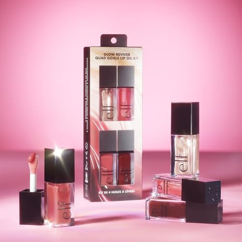 e.l.f. Glow Reviver Quad Goals Lip Oil Kit, Lip Gloss For A High-Gloss Finish & Sheer Wash Of Color, Non-Sticky, Vegan & Cruelty-Free, 4 Glosses