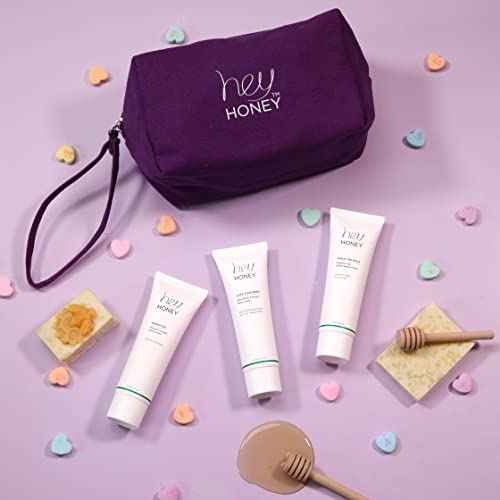 Hey Honey 4pc Set: Love Your Body Lotion, Walk The Walk Foot Cream, Hands On Honey Hand Cream, Eco Makeup Bag. Perfect for Valentine's, Xmas, Birthdays