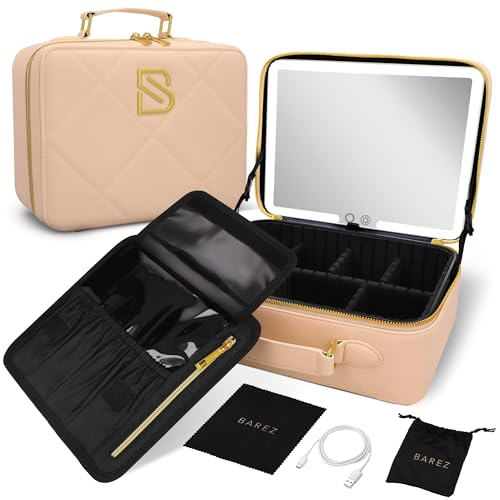 BAREZ Premium PU Leather Makeup Bag With LED Mirror - 3 Brightness Mirror Light Settings - Adjustable Dividers - Removable Mirror Waterproof Cosmetic Travel Bag (Nude)